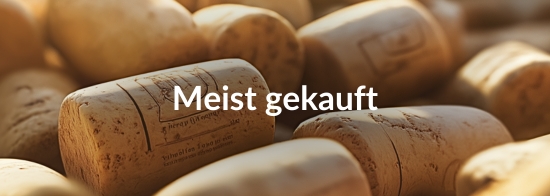 Eine Sammlung von reinen Weinkorken mit der Aufschrift &quot;Meist gekauft&quot;