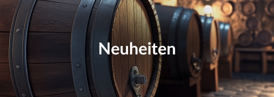 2 Weinfässer im Weinkeller mit der Aufschrift &quot;Neuheiten&quot;