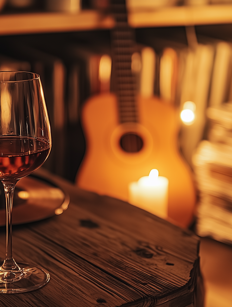 Ein Weinglas steht auf einem Holztisch neben einer Schallplatte. Im Hintergrund sind eine Gitarre, gedämpftes Licht und Stapel von Schallplatten zu sehen.